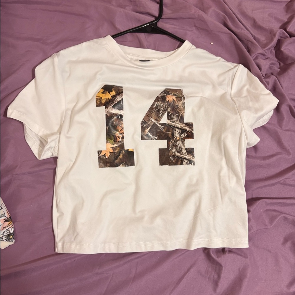 SHEIN White Crop Top with Camouflage Number